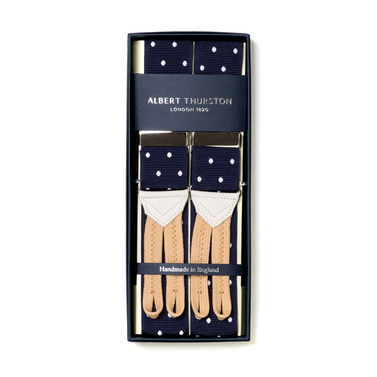 Dark Blue Button Suspenders with White Dots